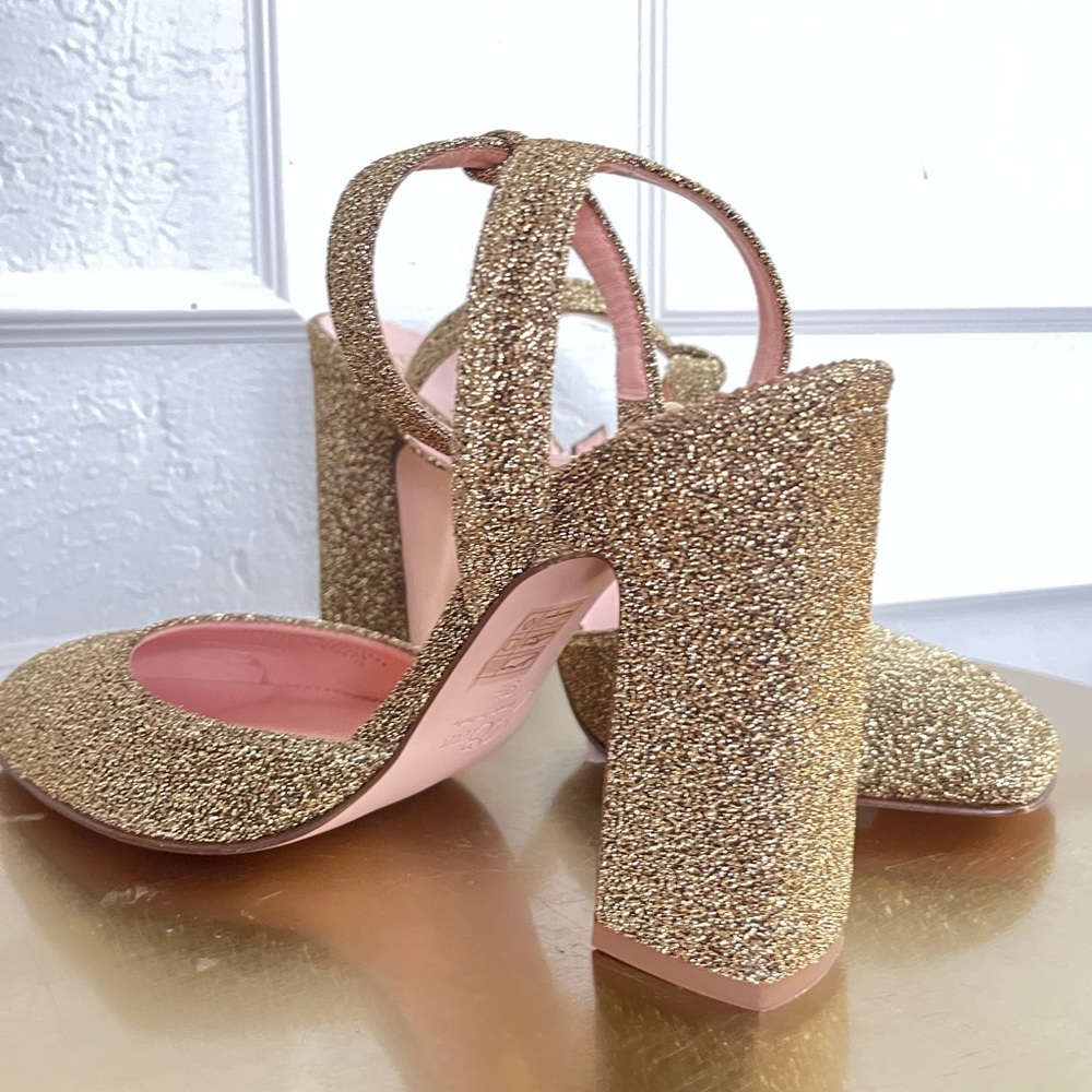 J. Crew Harlow Ankle Strap Gold Glitter Heels NWOB Made in Italy Leather Bottoms - Picture 4 of 8